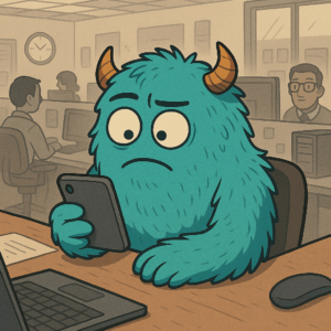 Ai generated monster looks at smart phone